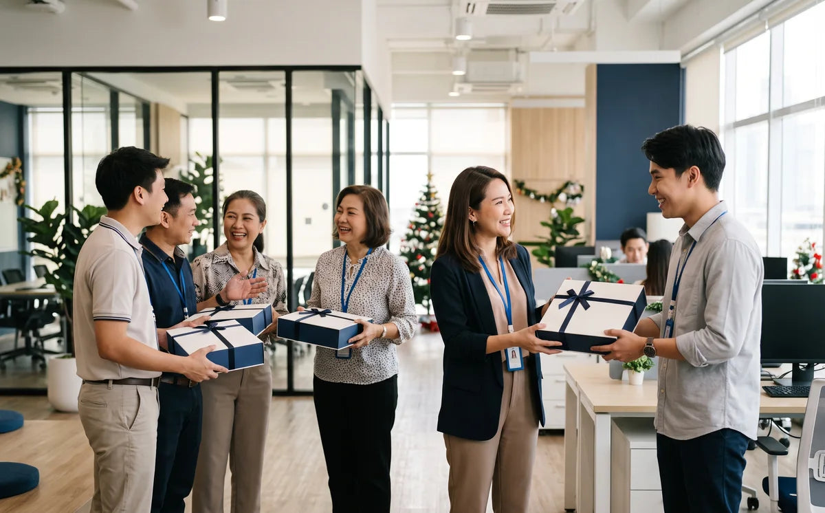 Colleagues receiving year-end gift boxes at the office