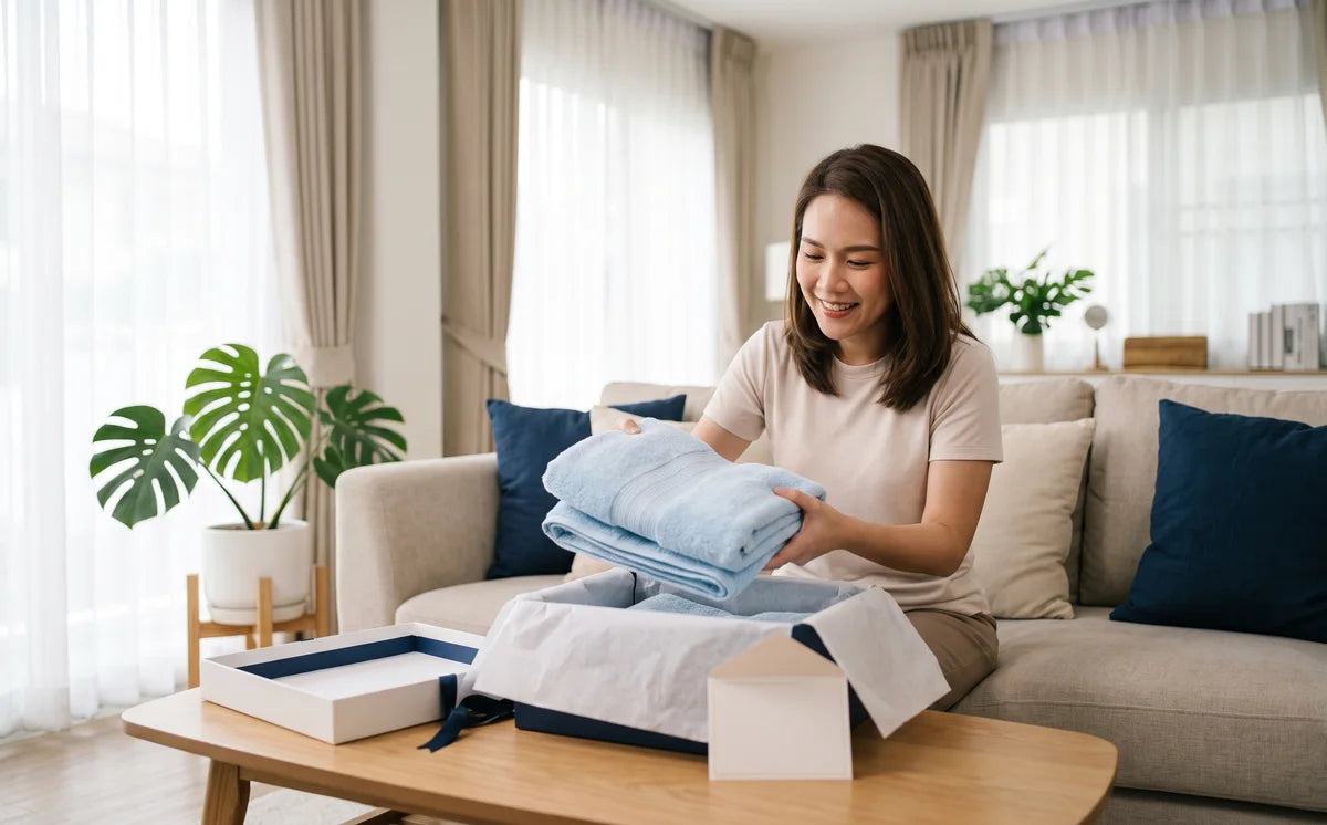 Customer unboxing a gift set of towels at home