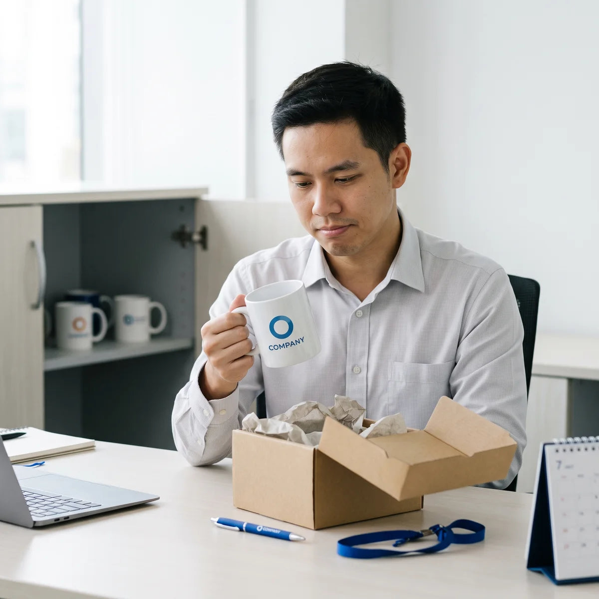 Office worker unimpressed by a logo mug gift